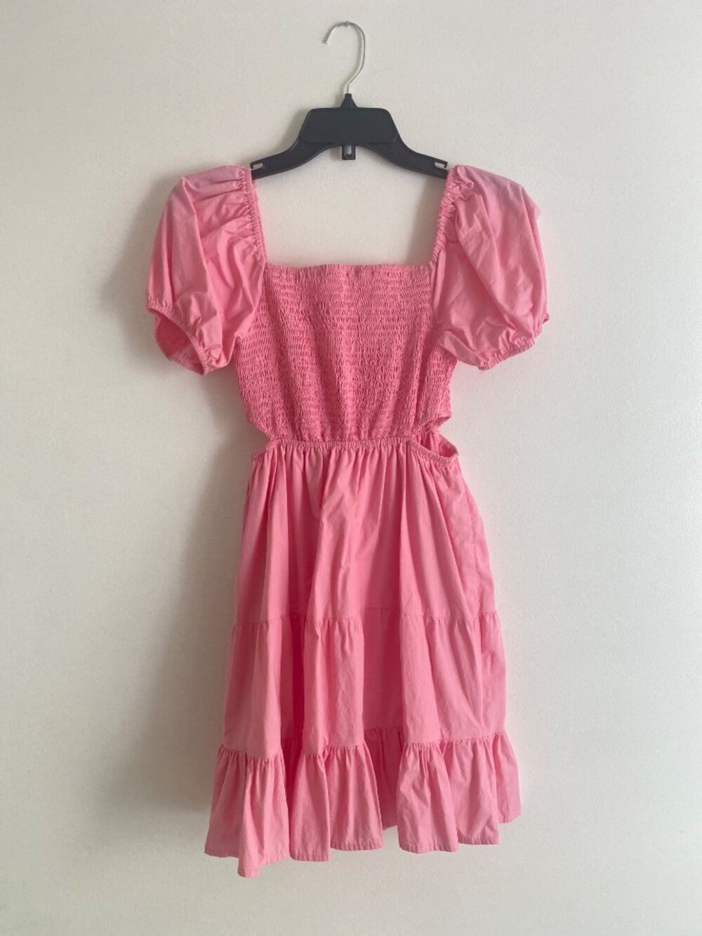 Pink Smocked Puff Sleeve Tiered Mini Dress With Cutouts Size S